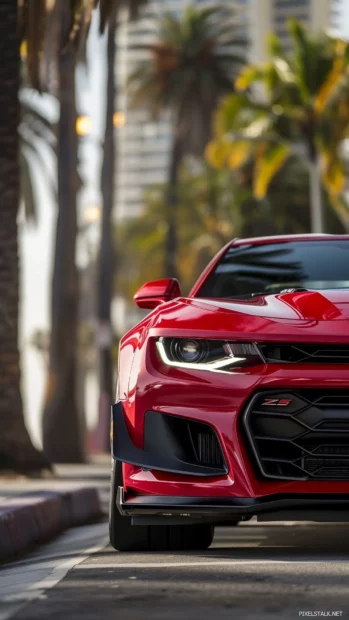 Close up of the front grille and headlights of a Camaro ZL1.