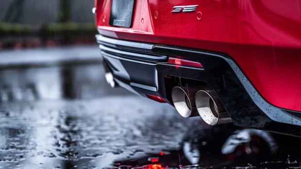 Close up of the rear taillights and quad exhaust of a Camaro 1LE, with reflections on wet pavement.