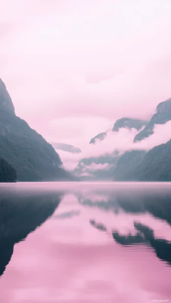 Cloud iPhone wallpaper with a panoramic view of cotton candy like clouds at sunrise, reflected on the still surface of a mountain lake.