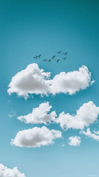 Cloud iPhone wallpaper with a peaceful blue sky scattered with small, puffy cumulus clouds, with a few birds flying overhead, creating a tranquil scene.