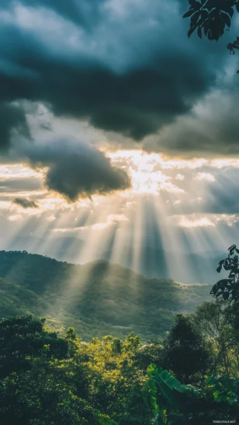 Cloud iPhone wallpaper with sunbeams piercing through thick clouds.