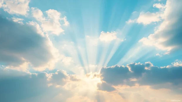 Clouds forming intricate, wispy shapes across the horizon during a peaceful sunrise, with beams of light breaking through the cloud cover.