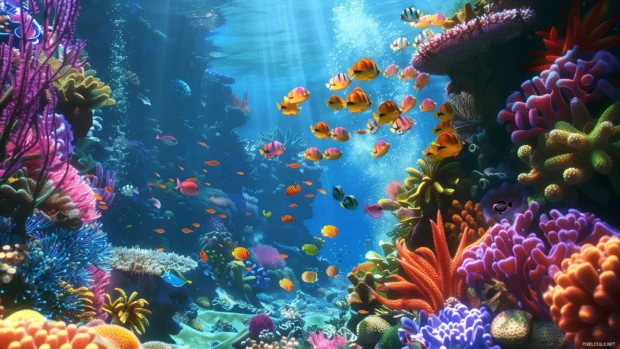 Cool HD wallpaper with underwater scene with vibrant coral reefs and cool marine life.