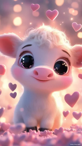 Cool Pink Wallpaper with adorable Kawaii style cow with big sparkling eyes, tiny pink nose, and soft pastel colors, surrounded by floating hearts.