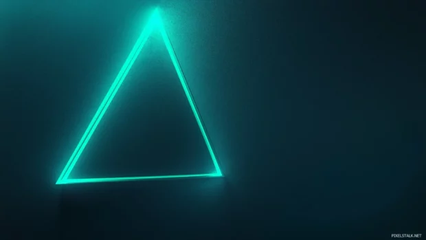 Cool Simple Wallpaper with a futuristic glowing triangle in cyan, placed on a dark gradient background with subtle light rays.