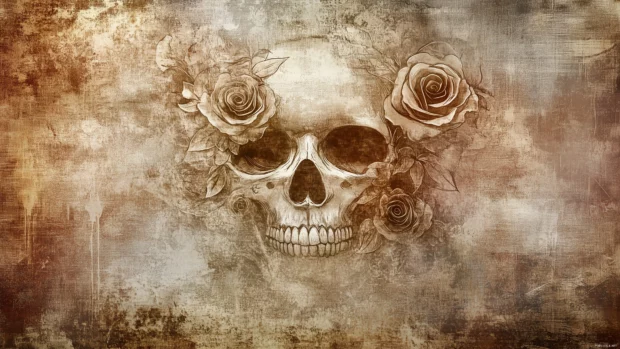 Cool Vintage Desktop Wallpaper with a stylized skull with roses growing out of the eye sockets and mouth, surrounded by faded, sepia tones for a vintage aesthetic.