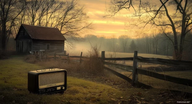 Cool Vintage PC Wallpaper with a peaceful country scene with an old barn, wooden fences, and a vintage radio playing country tunes under the setting sun,.