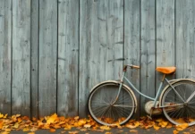 Cool Vintage Wallpaper HD with a lone vintage bicycle leaning against an old wooden fence with autumn leaves scattered on the ground.