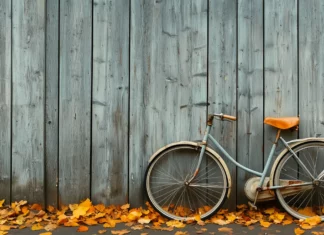 Cool Vintage Wallpaper HD with a lone vintage bicycle leaning against an old wooden fence with autumn leaves scattered on the ground.