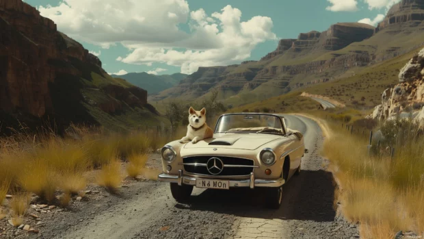 Cool Vintage Wallpaper with a retro style scene with a cool dog sitting in a vintage car, a scenic mountain road in the background.