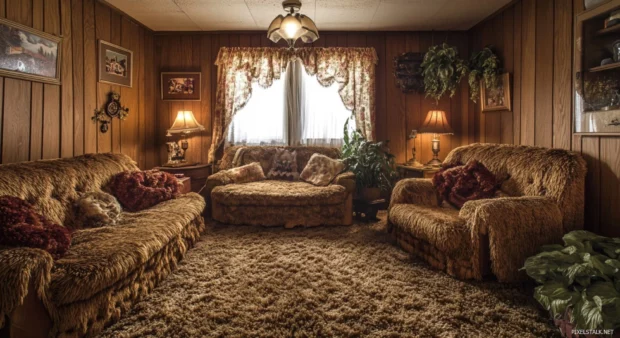 Cool Vintage Wallpaper with a retro wallpaper showcasing a 70s style living room with shaggy carpets, wood paneling, and vintage furniture, bathed in warm.