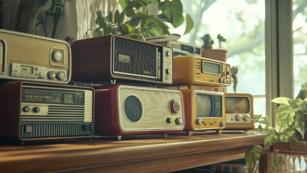 Cool Vintage Wallpaper with a still life of vintage radios stacked on a wooden shelf, with soft natural light casting gentle shadows.