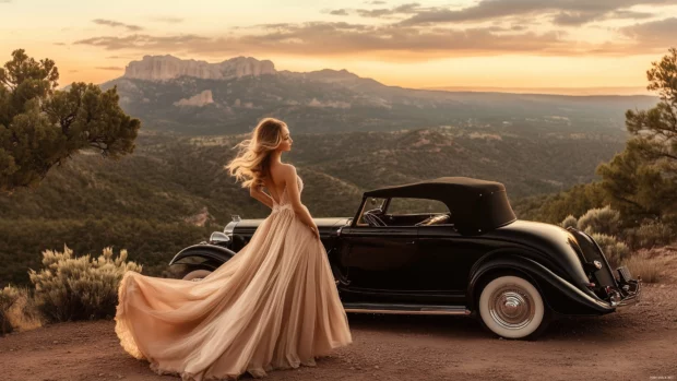 Cool Vintage Wallpaper with elegant woman in a flowing dress standing beside a classic vintage car, with a scenic mountain view at sunset.