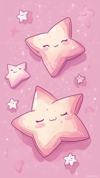 Cool and Cute wallpaper with an enchanting illustration of sleepy stars floating lazily on a soft pink background.