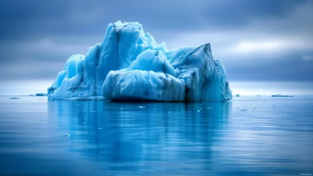 Cool blue icebergs floating in a tranquil sea.