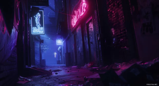 Cool dark urban alleyway with dramatic shadows and neon signs.