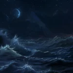 Cool dark waves crashing against rugged cliffs under a starlit sky.