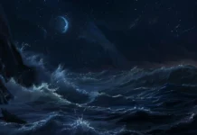 Cool dark waves crashing against rugged cliffs under a starlit sky.