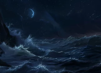 Cool dark waves crashing against rugged cliffs under a starlit sky.