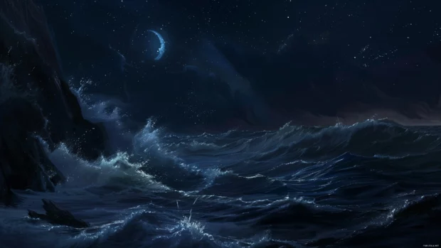 Cool dark waves crashing against rugged cliffs under a starlit sky.