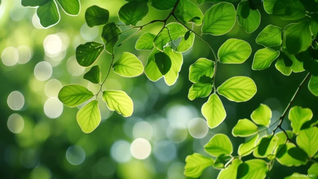 Cool green desktop wallpaper with translucent leaves and soft light filtering through.