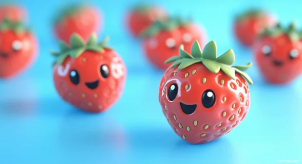 Cool kawaii style strawberries with happy faces and expressive eyes scattered on a baby blue background.