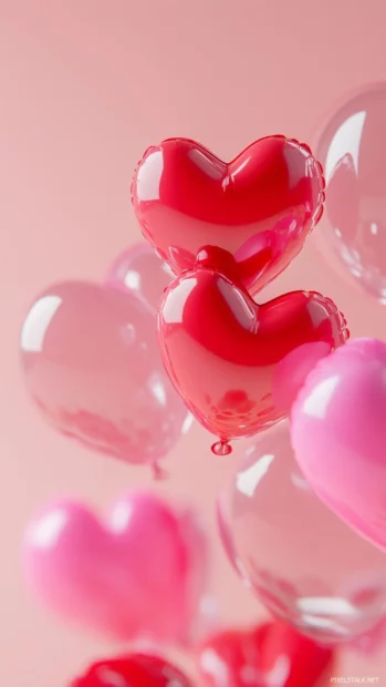 Cool pink and red heart balloons floating against a pastel background.