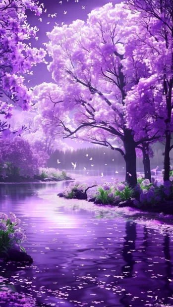 Cool purple wallpaper with a serene landscape and soft, dreamy textures.