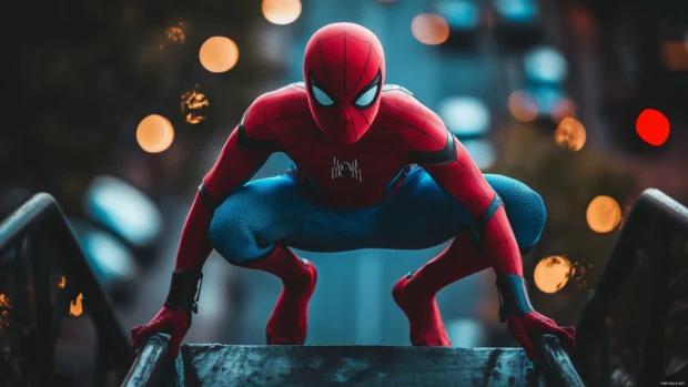 Cool red and black wallpaper HD with Spiderman in his classic red and blue suit, standing tall on a bridge.