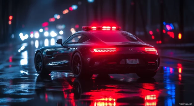 Cool red and black wallpaper HD with a high performance police car parked on a dark city street with flashing red and blue lights.