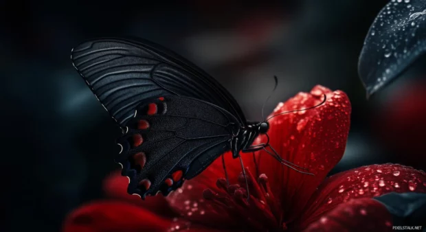 Cool red and black wallpaper HD with a macro shot of a black butterfly with intricate, shimmering wing patterns perched on a vibrant red blossom.