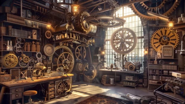 Cool steampunk workshop with brass gears and vintage machinery.