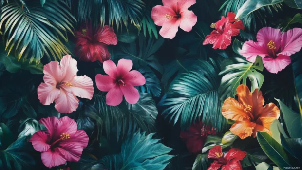 Cool tropical flower bakground with vibrant, exotic blooms and a refreshing color palette.