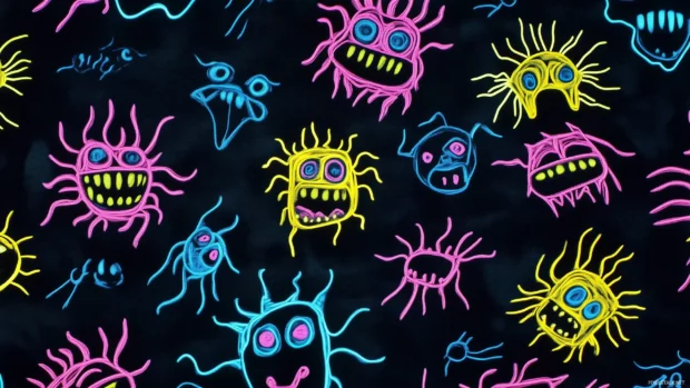 Cool wallpaper with friendly monster faces in bright neon outlines.