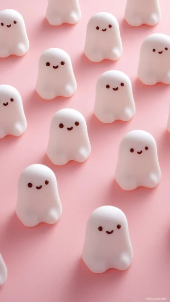 Cool wallpaper with multiple tiny white ghost figures scattered playfully across the screen, each ghost with a simple kawaii style face.