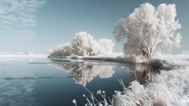 Cool white landscape HD wallpaper with a serene lake reflecting the clear sky and surrounding trees.