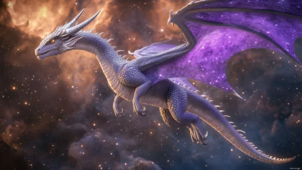 Cute 4K dragon wallpaper in a cosmic setting, flying through a galaxy with swirling stars and nebulae.