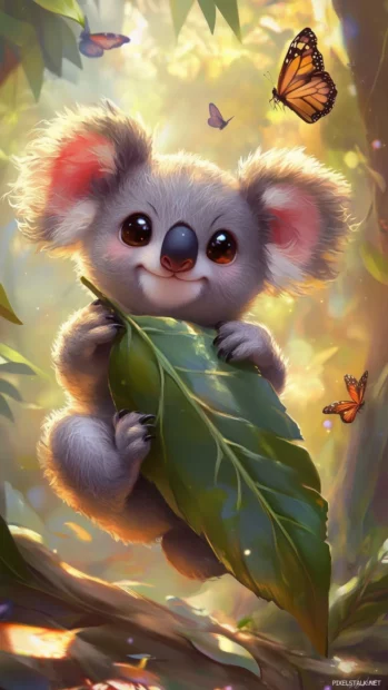 Cute Kawaii Wallpaper with a chibi koala hugging a giant eucalyptus leaf, with little butterflies fluttering around and a sunny background.