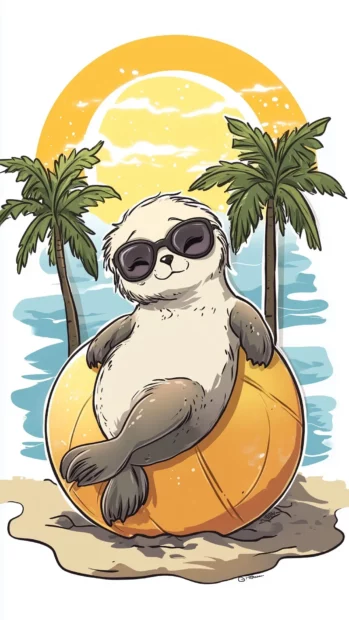 Cute Kawaii Wallpaper with a chibi seal lounging on a beach ball, wearing sunglasses, with palm trees and a bright sun in the background.