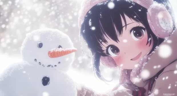 Cute Wallpaper for girls with a cheerful anime girl wearing a cute winter coat and earmuffs, building a snowman in a snowy landscape, with snowflakes gently falling around her.