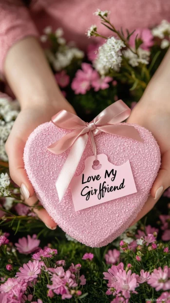 Cute Wallpaper for girls with a close up of a hand holding a cute pink heart shaped gift box with a tag saying I Love My Girlfriend tied with a satin ribbon, surrounded by small flowers.