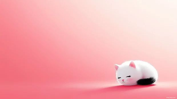 Cute Wallpaper for girls with a minimalist design with a small, adorable cat curled up in a cozy ball on a pastel pink background.