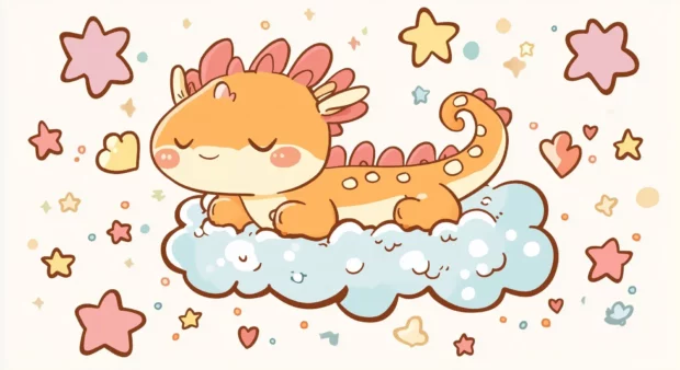 Cute baby dragon lounging on a fluffy cloud.