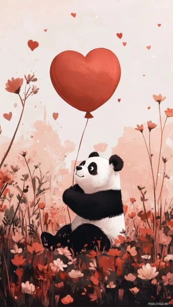 Cute background HD for girls with a cute panda sitting in a garden of pastel flowers, holding a heart shaped balloon, with a soft pink background and sparkles floating around.