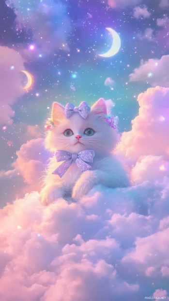 Cute background for girls with a cute cartoon cat wearing a bow, sitting on a fluffy cloud surrounded by twinkling stars and crescent moons in soft pastel tones.