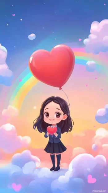 Cute background for girls with a cute chibi girl in a school uniform, holding a heart shaped balloon, with a pastel rainbow and fluffy clouds in the background.