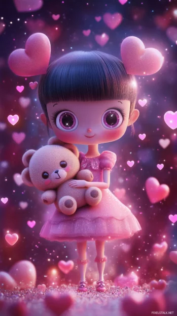 Cute background for girls with a kawaii style girl with big sparkling eyes, wearing a pastel pink dress and holding a plush teddy bear, surrounded by hearts and sparkles.