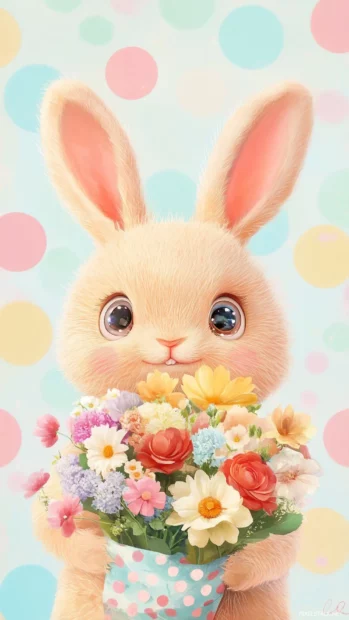 Cute background for girls with a playful wallpaper featuring a cute bunny with big, sparkling eyes holding a bouquet of flowers, set against a pastel polka dot background .