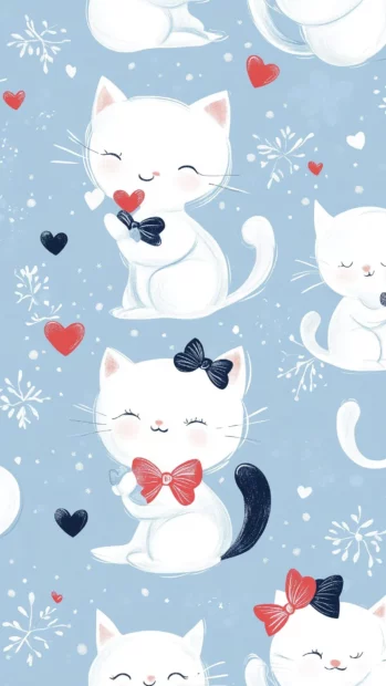 Cute background with a pattern of cute kittens wearing bows and holding tiny hearts, scattered across a baby blue background with sparkly accents.