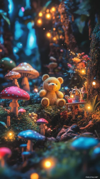 Cute background with a whimsical scene of cute teddy bears having a tea party in a magical forest, surrounded by colorful mushrooms and twinkling fairy lights.